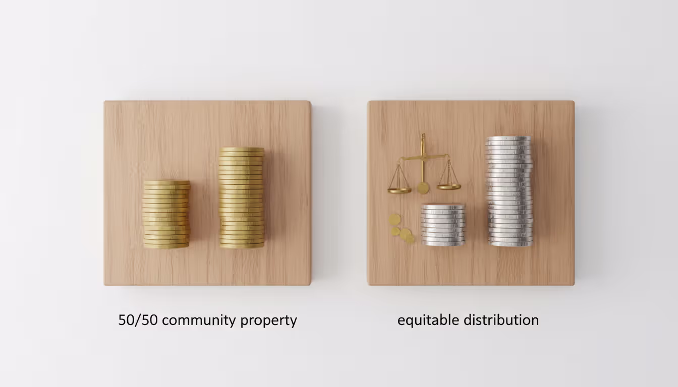 Two tables showing different property division concepts: equal coin stacks on one side and unequal coin stacks with a balance scale on the other
