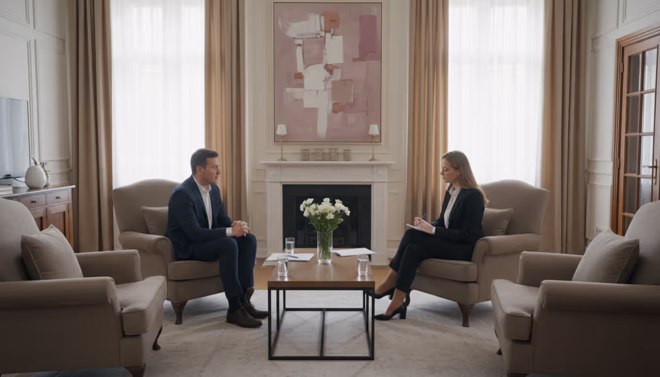 A first divorce mediation session in a comfortable office with a female mediator taking notes while a couple listens