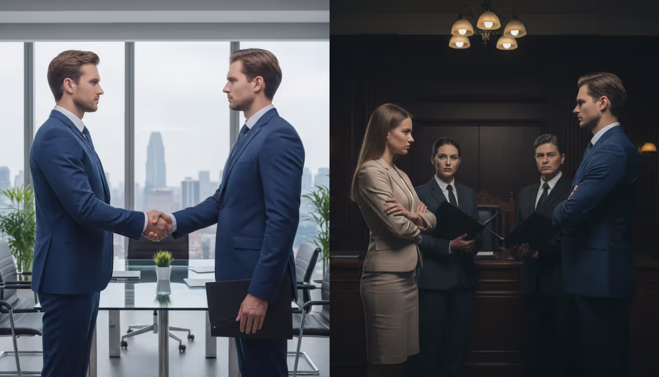 Split image comparing peaceful mediation handshake in a bright office versus tense courtroom confrontation between spouses with lawyers