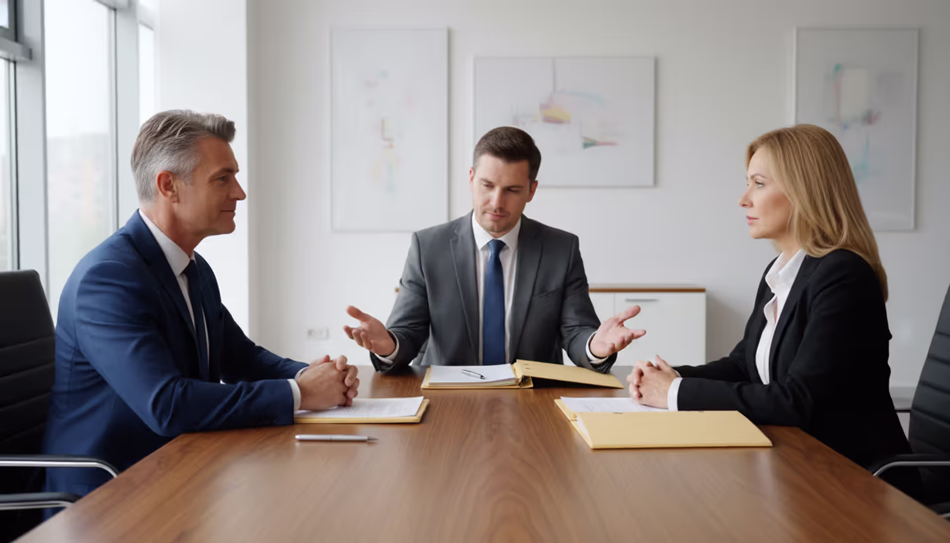 A mediator sitting between a man and a woman at a table in a modern office during a divorce mediation session