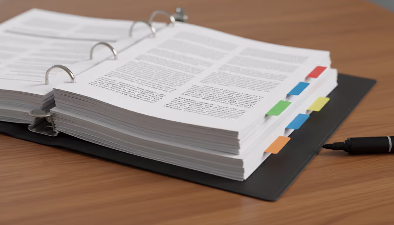 An open organized binder with colored tab dividers and printed legal documents on a clean desk with sticky tabs and a highlighter nearby