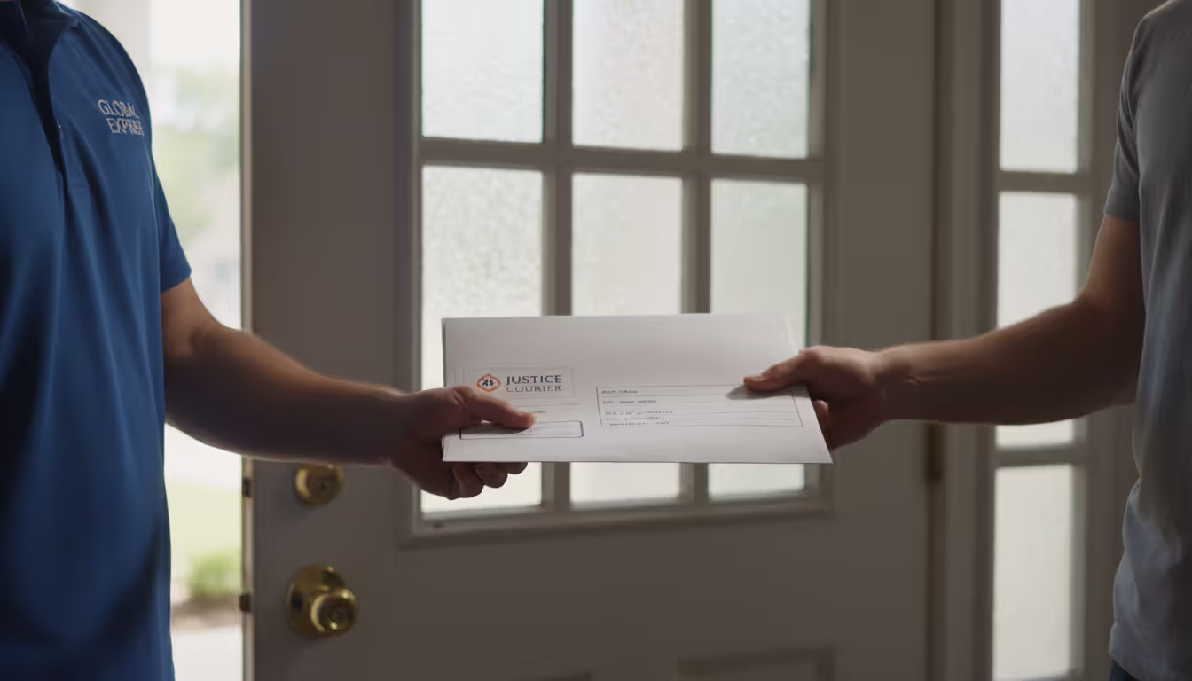 Process server handing legal envelope to person standing in residential doorway during daytime