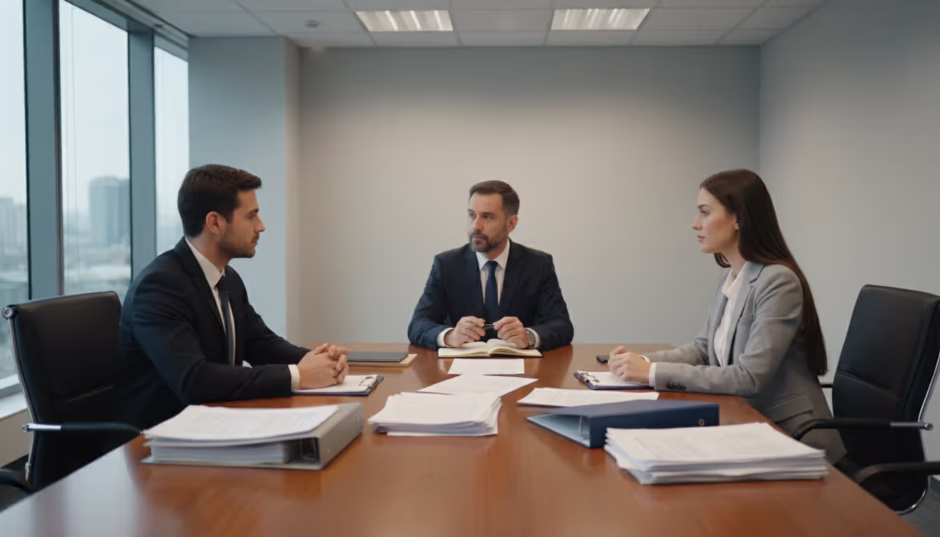 Mediation session with two parties their attorneys and a mediator sitting at a conference table with legal documents