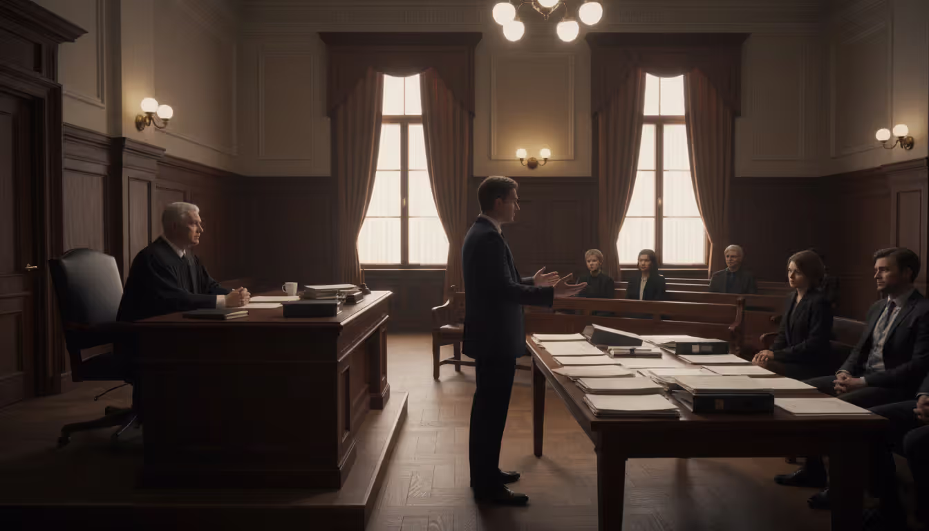 Attorney presenting evidence to a judge in a courtroom during a divorce trial proceeding