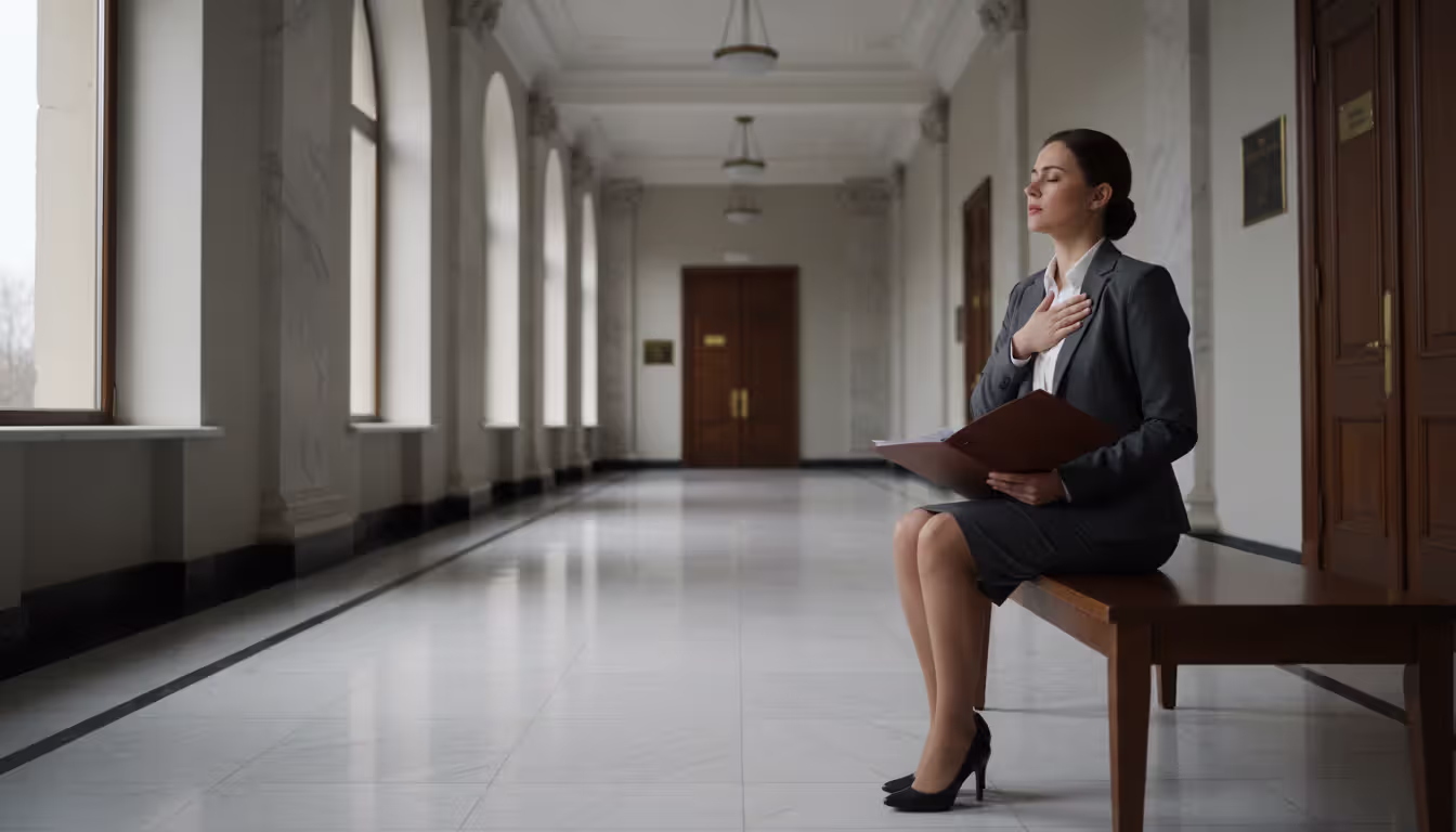 Woman in business suit sitting on courthouse corridor bench taking a deep breath before a hearing