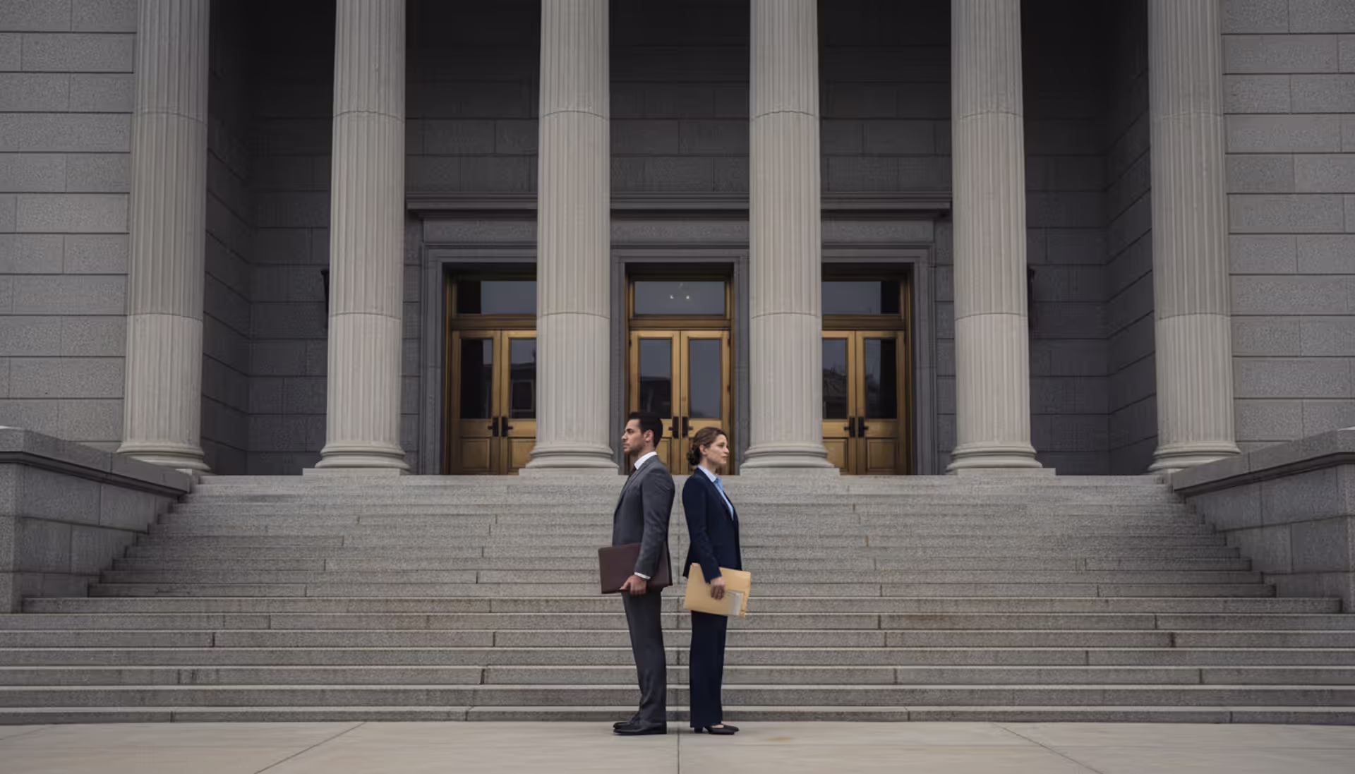 Man and woman in business attire standing apart on courthouse steps holding document folders, overcast sky