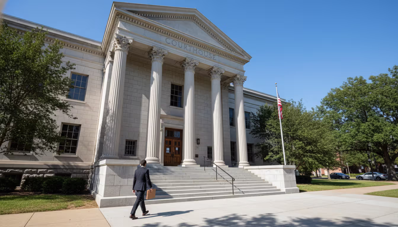 Person walking towards an American courthouse entrance carrying a folder with legal documents on a sunny day