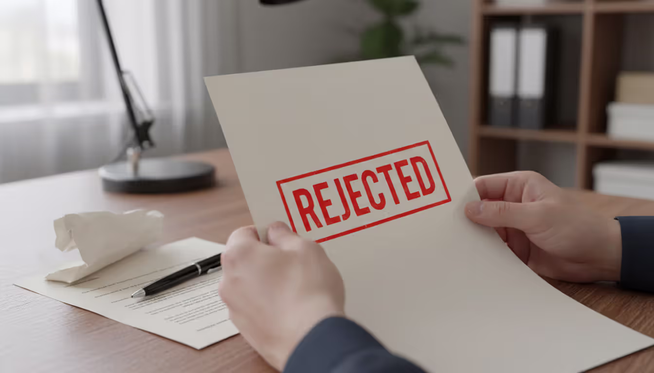 Close-up of hands holding a legal document stamped with a red REJECTED mark, illustrating a common filing mistake in self-represented divorce