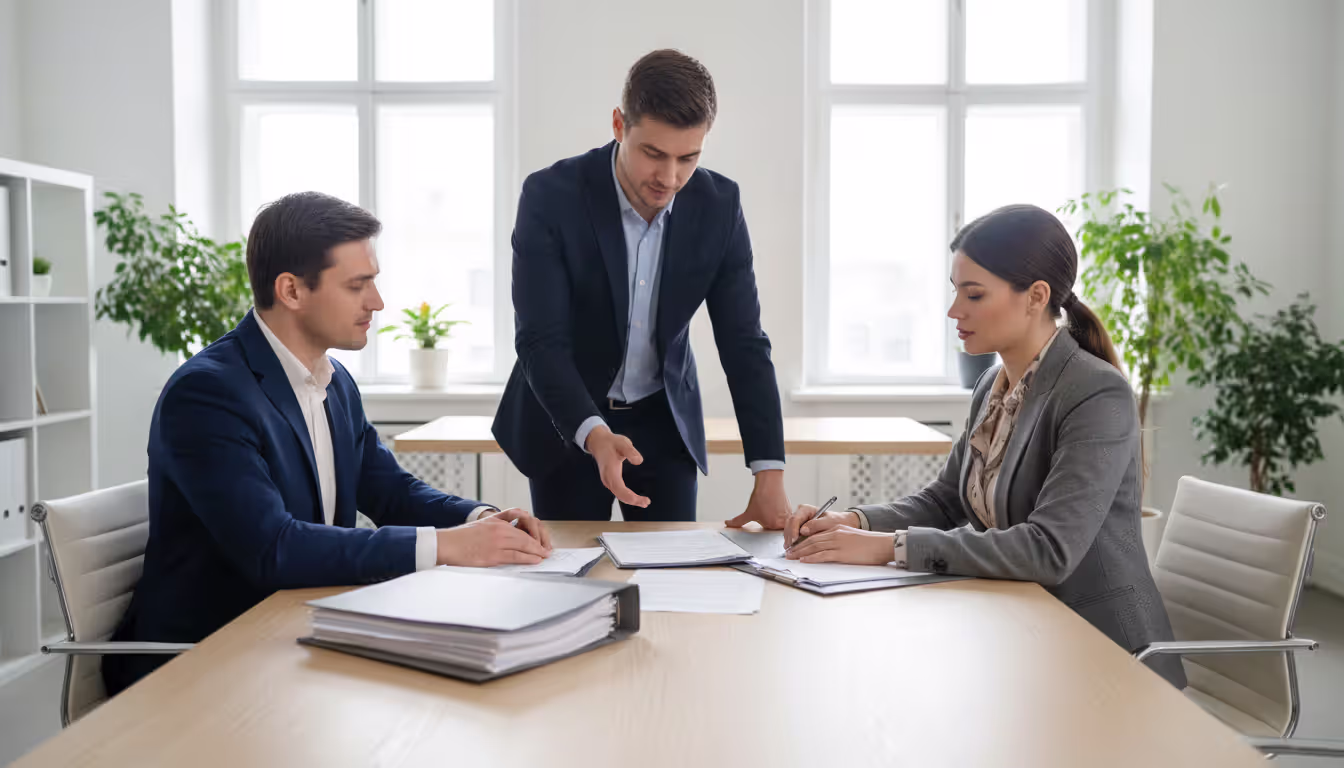 Two people sitting across from each other at a table with documents while a mediator in business attire facilitates discussion in a modern office