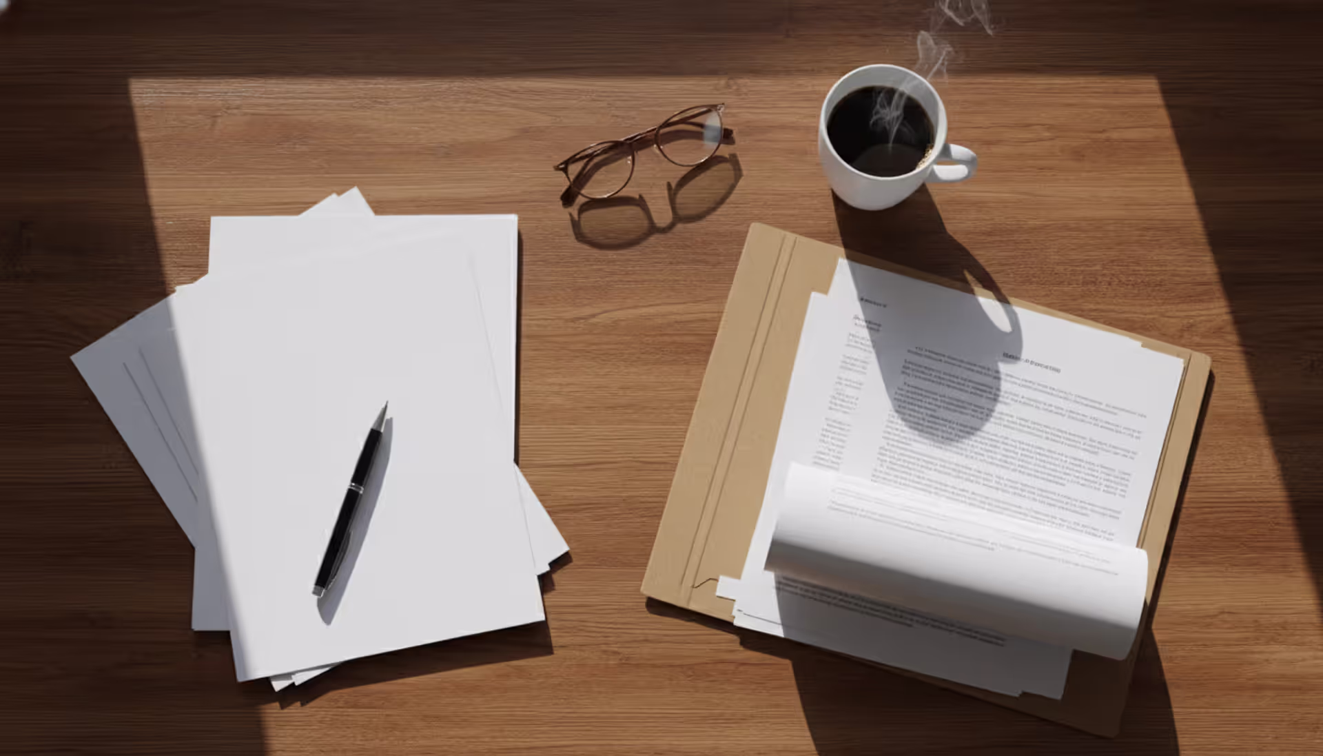 Top view of a wooden desk with legal documents, a folder with papers, a pen, eyeglasses, and a cup of coffee, representing self-guided divorce paperwork preparation