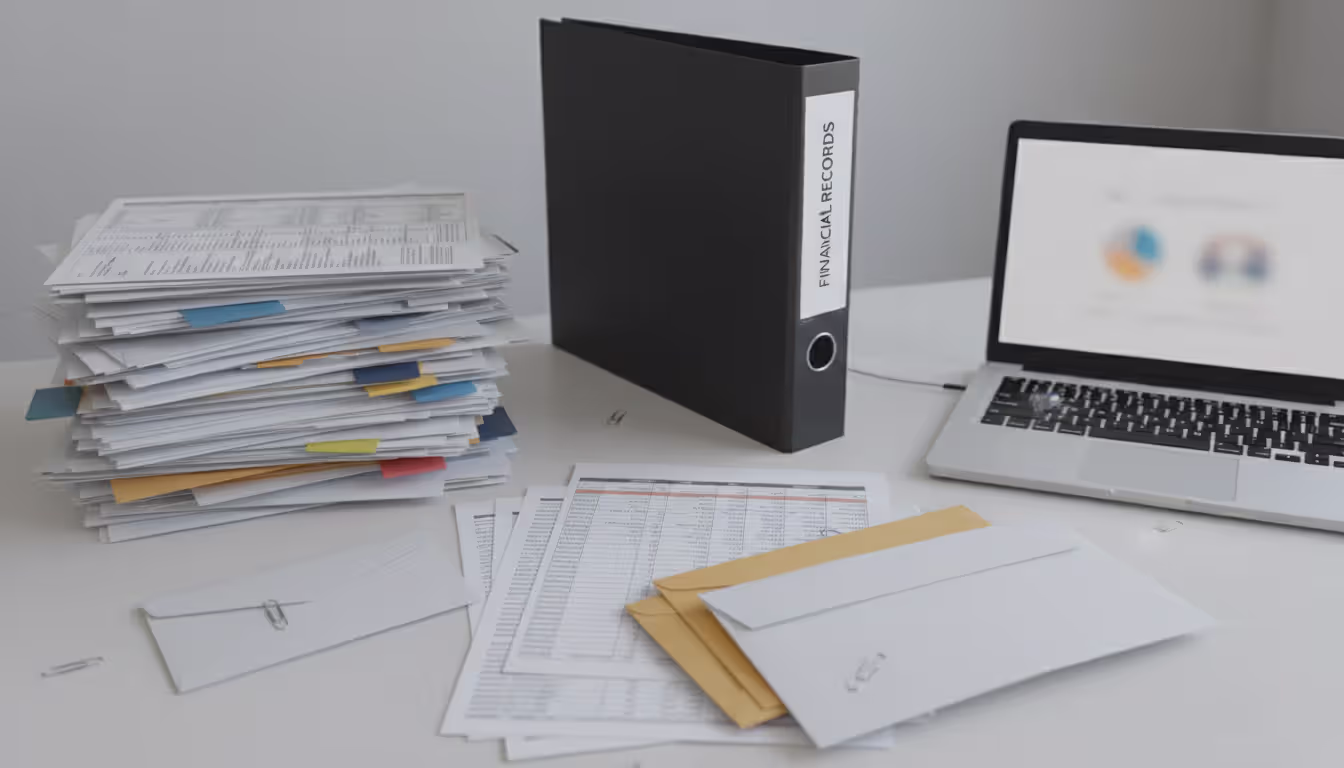 Organized stacks of financial documents, bank statements, envelopes, paper clips, and a folder on a desk next to an open laptop