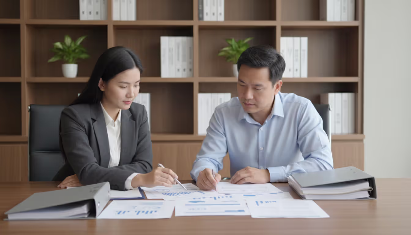 Two people sitting across from each other at an office table reviewing legal documents with folders and a pen