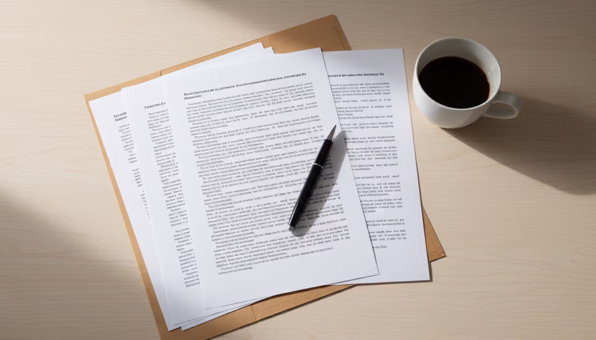Top view of a clean wooden desk with printed legal documents, a pen, a coffee cup, and a paper folder in soft daylight