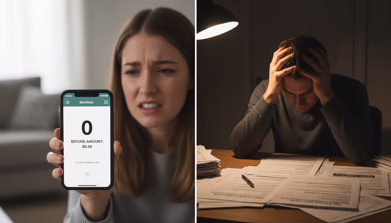A split image showing a person looking at an empty bank refund on a phone on the left and a stressed person surrounded by paper documents on the right