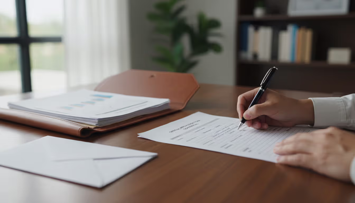A close-up of hands filling out an official tax relief form with a pen at a desk with a folder and envelope nearby