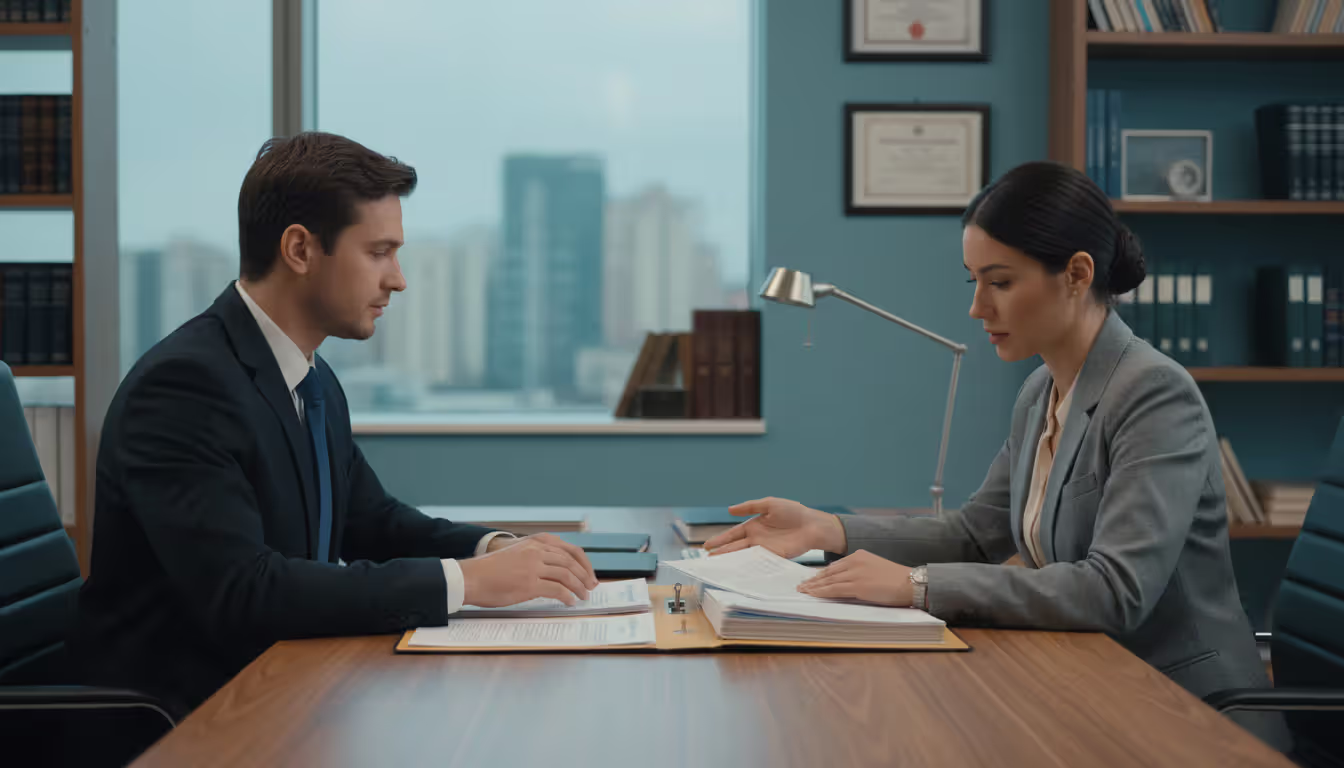 A man and a female tax professional discussing documents across a desk in a professional office setting