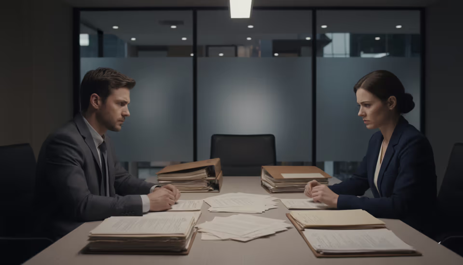 A man and a woman sitting on opposite sides of a desk with tax documents and folders between them in a tense office setting