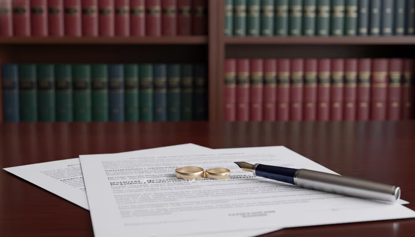 Close-up of a legal office desk with divorce petition documents, a pen, and two wedding rings placed on top of the papers, blurred bookshelf in the background