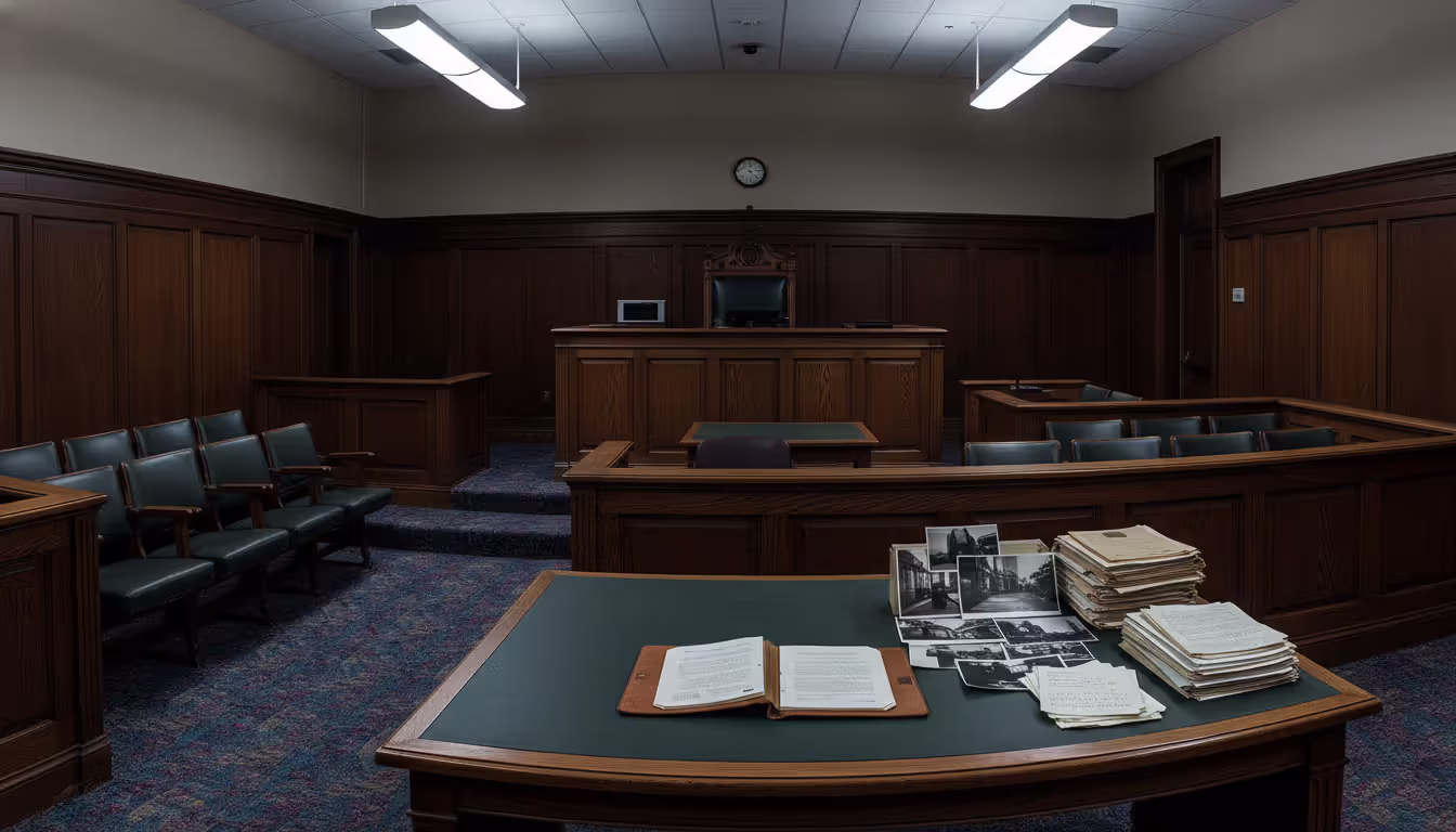 Empty courtroom interior with a wooden judge bench, jury seats, and a lawyer table with an open folder of evidence documents and photographs under overhead lighting