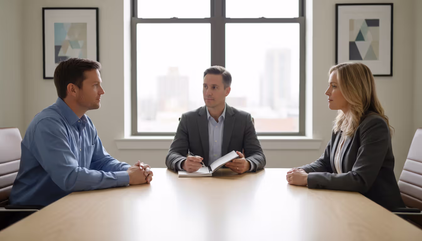Two adults sitting across from each other at a table in a bright mediator office with a neutral specialist between them holding a notepad, abstract paintings on walls, large window with daylight