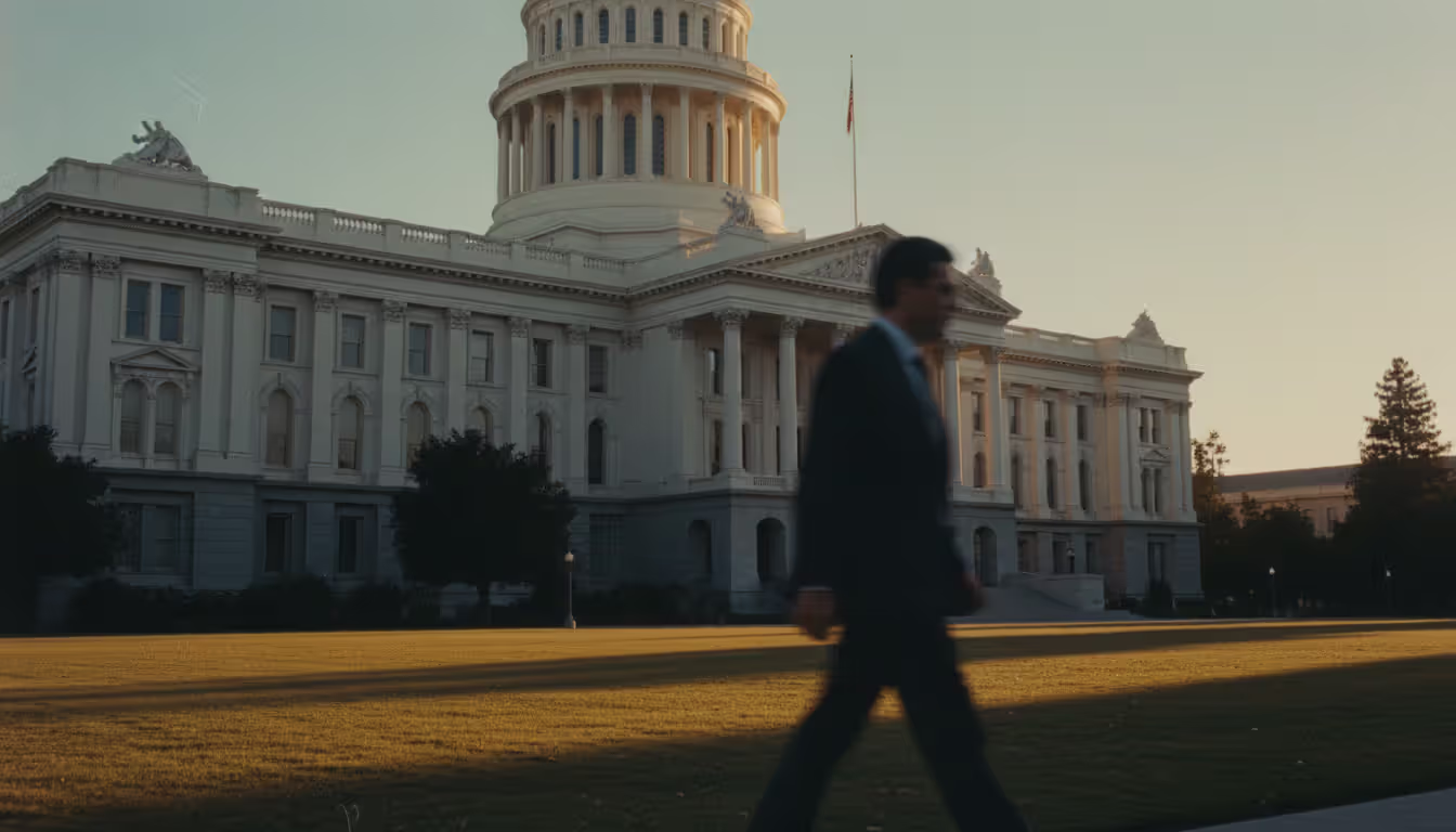 California State Capitol building in Sacramento in warm vintage 1970s tones with a blurred silhouette of a person in a business suit walking toward the entrance
