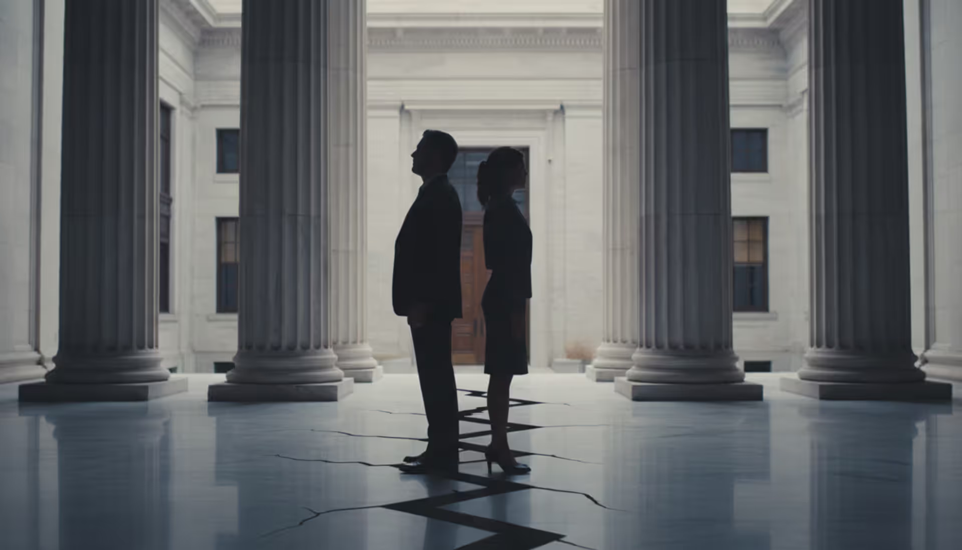 Two silhouettes of a man and a woman standing back to back in front of a courthouse with columns, a symbolic crack in the marble floor between them, soft daylight