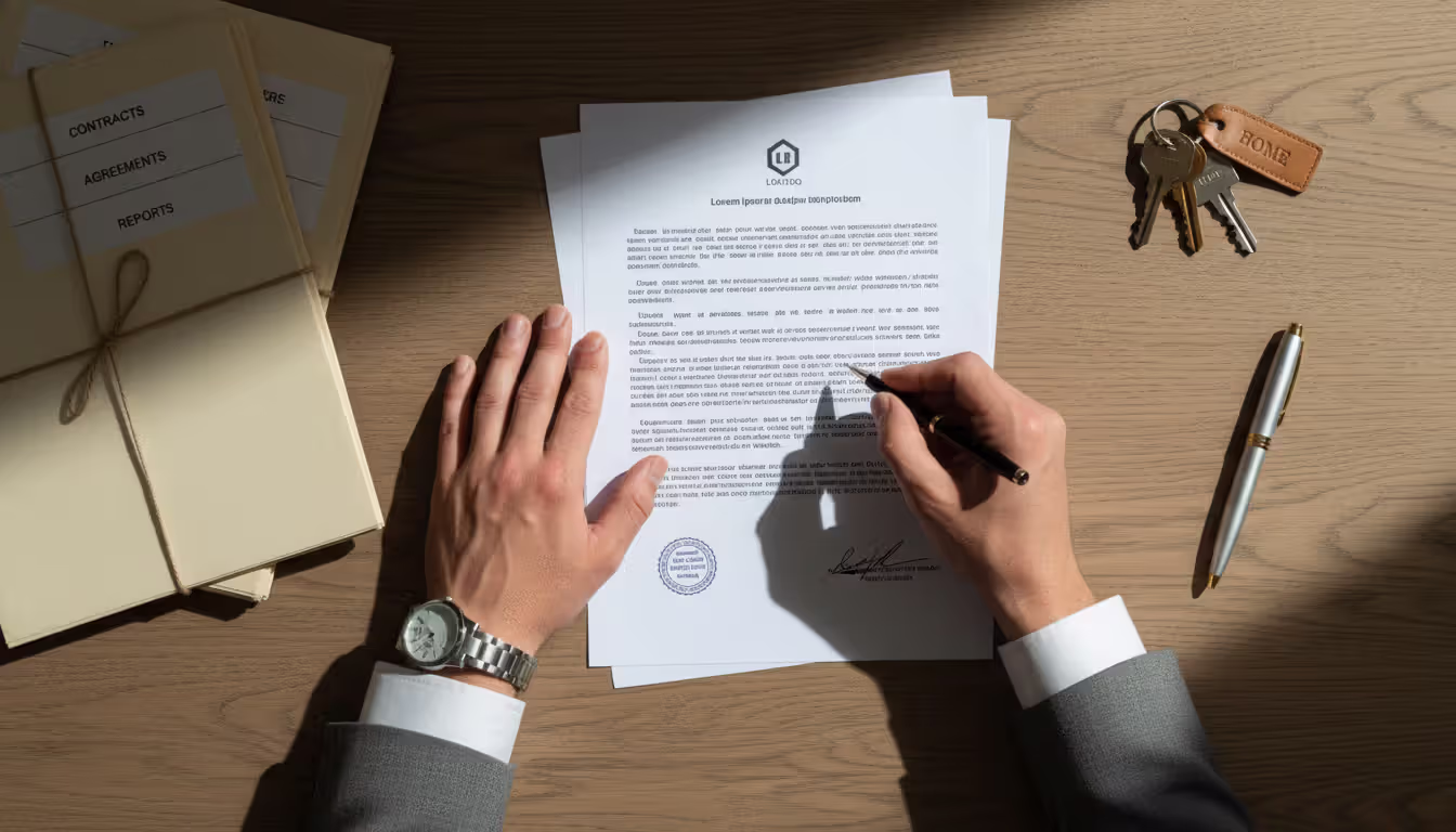 Top-down view of hands signing legal financial documents on a wooden desk with house keys and folders nearby