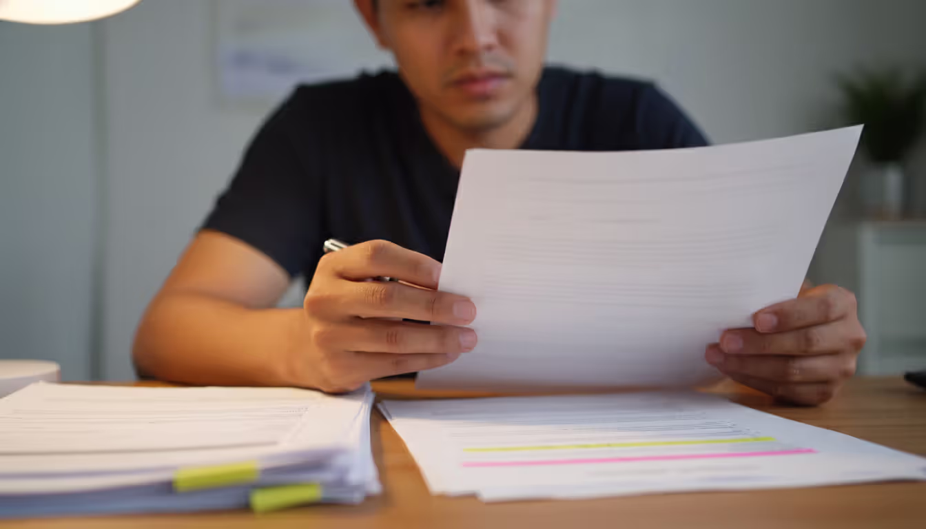 Person carefully reviewing a multi-page legal document with highlighted lines and stacks of papers nearby