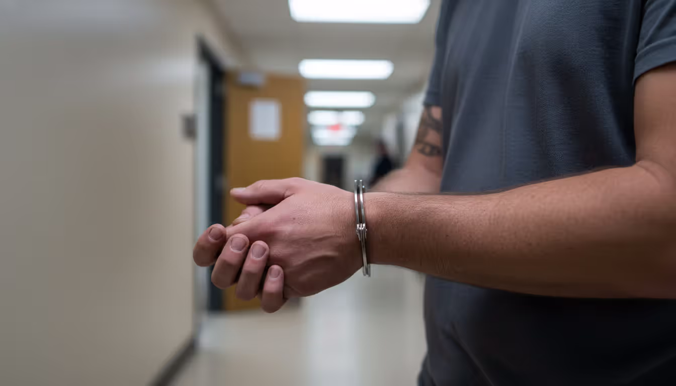 Close-up of a man's hand in handcuffs against a blurred police station background