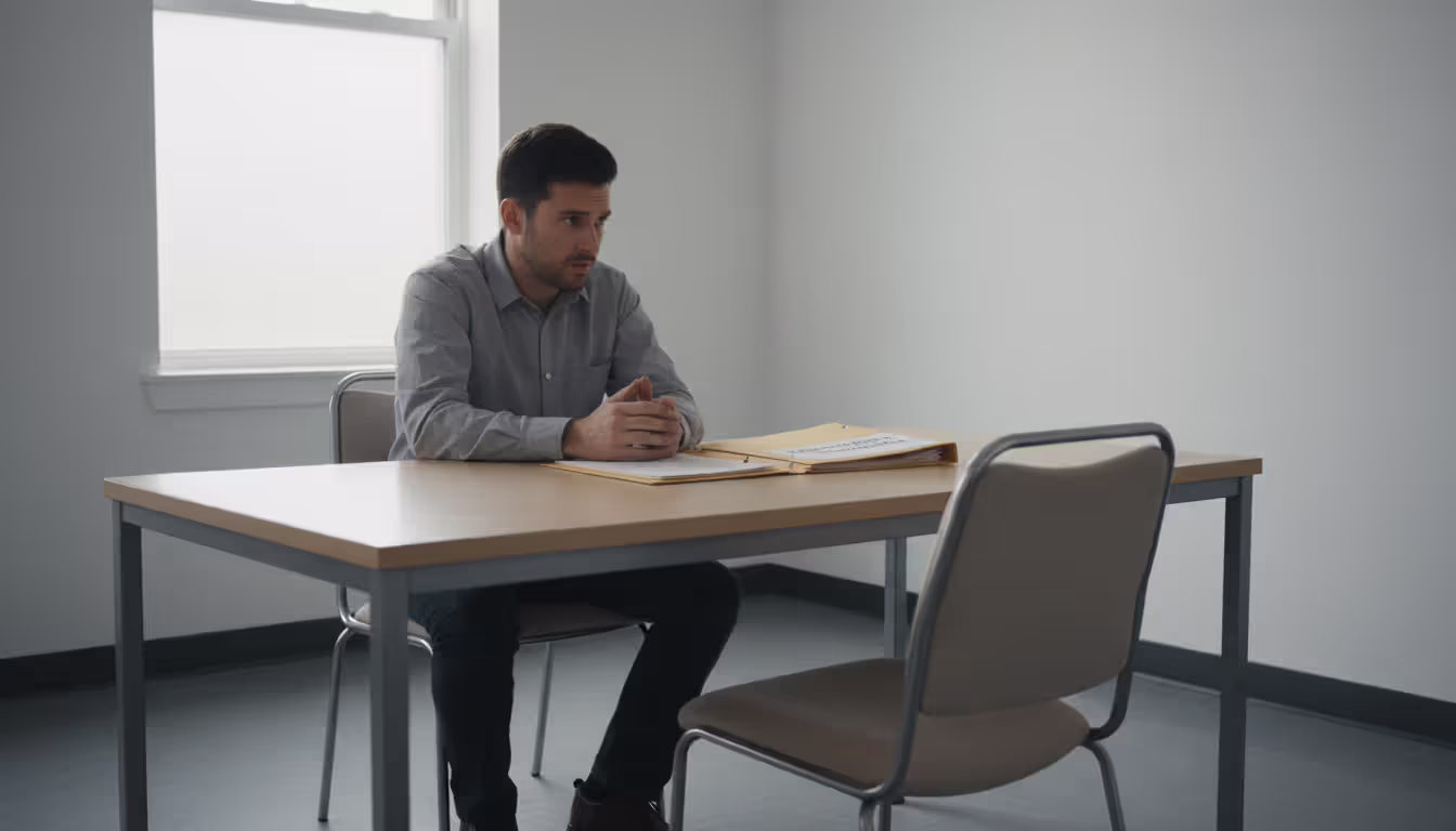 Man sitting alone at a table in an office room with documents waiting for a probation meeting