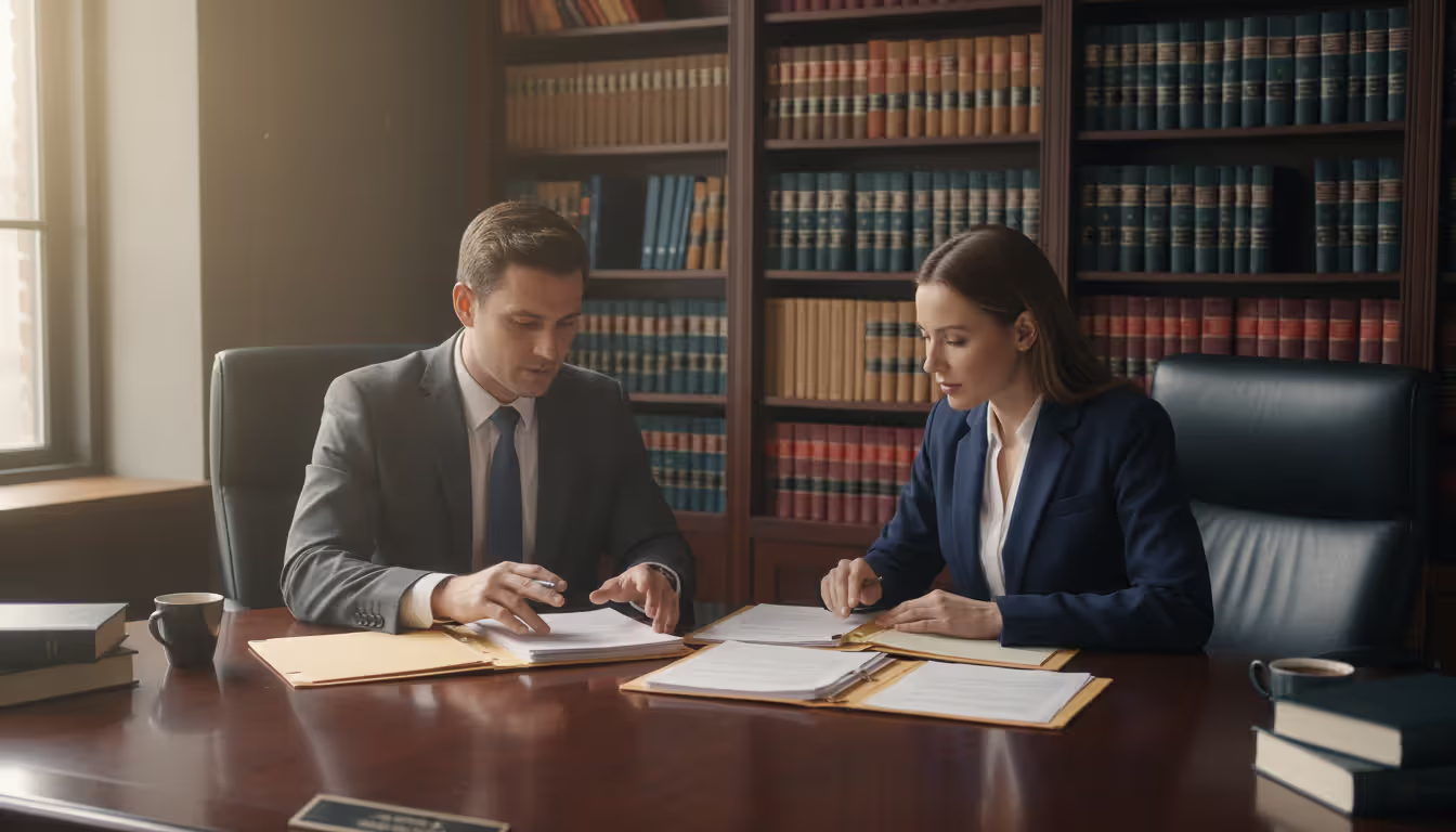 Defense attorney and client reviewing legal documents together at a conference table in a law office
