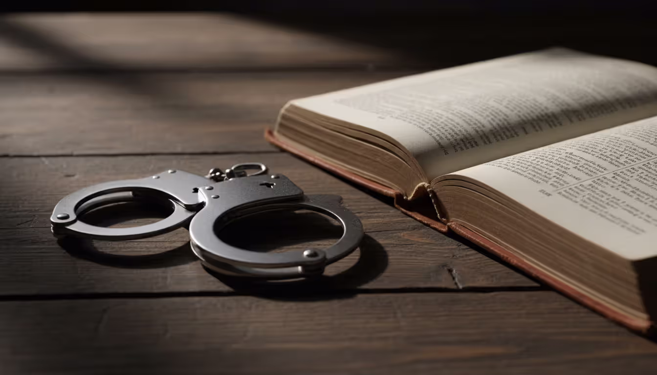 Steel handcuffs lying on a dark wooden surface next to an open leather-bound legal book with dramatic side lighting
