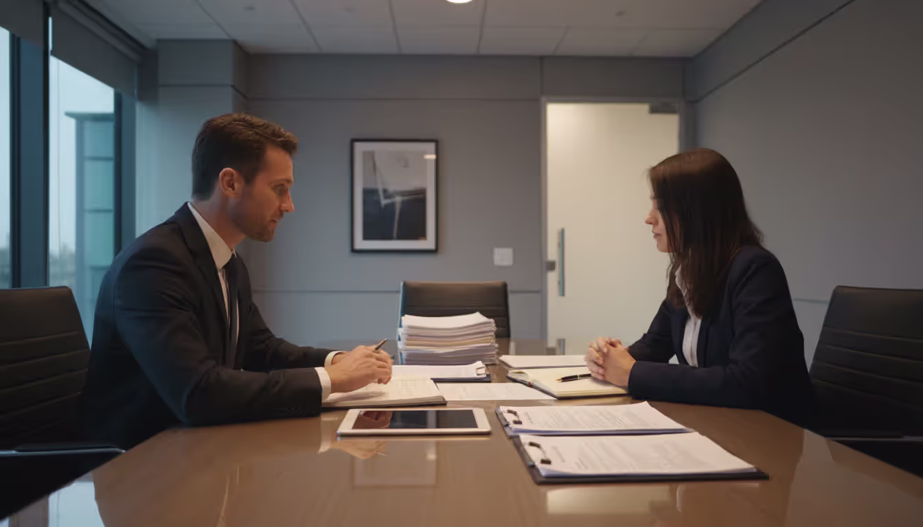 Defense attorney in a suit sitting across from a client at a consultation table with legal documents in a law office with soft lighting