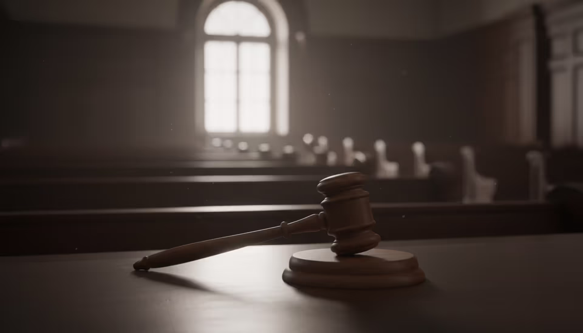 Wooden judge gavel resting on a courtroom desk with blurred empty courtroom benches in the background under dim lighting