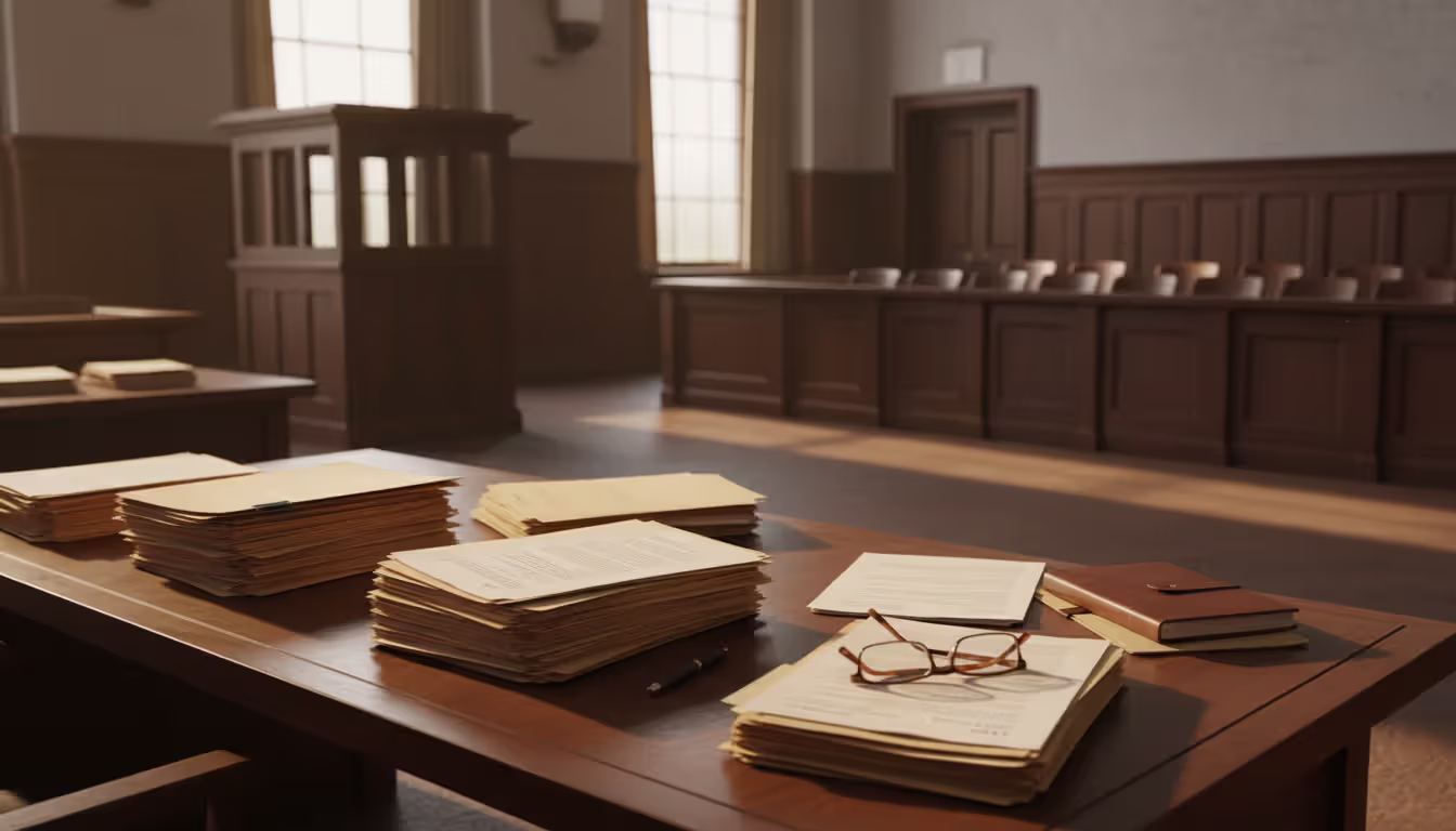 Defense attorney desk in courtroom with legal documents and case folders, empty witness stand and jury box in background