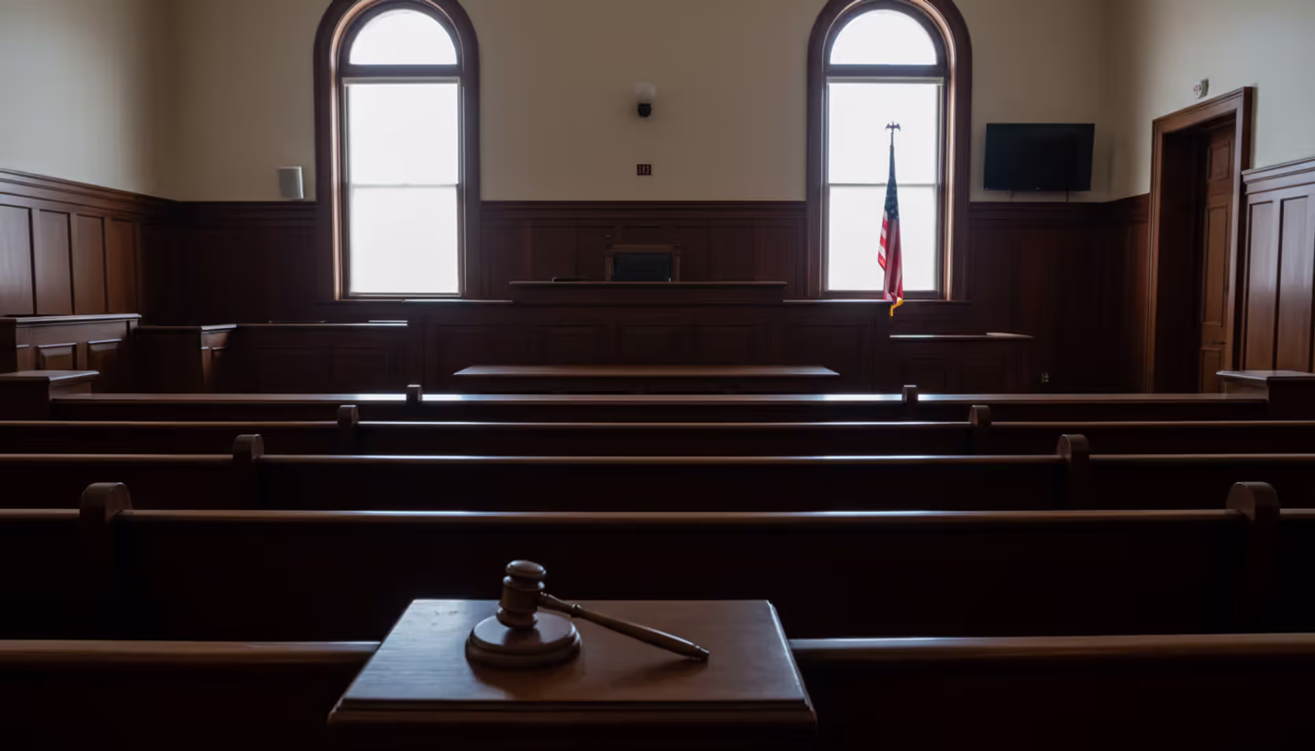 Empty American courtroom with wooden judge bench, gavel on stand, and US flag in dramatic lighting
