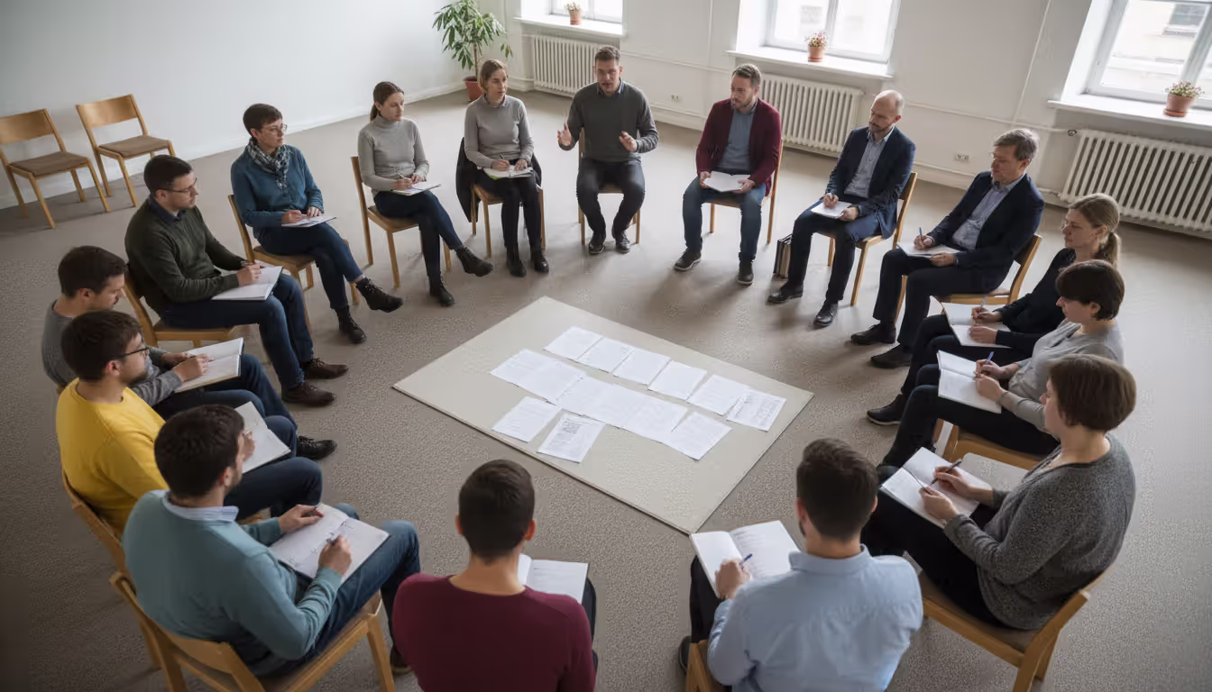 Overhead angled view of a group intervention session with participants sitting in a circle holding notebooks, one person speaking with hand gestures, printed materials on the floor in the center