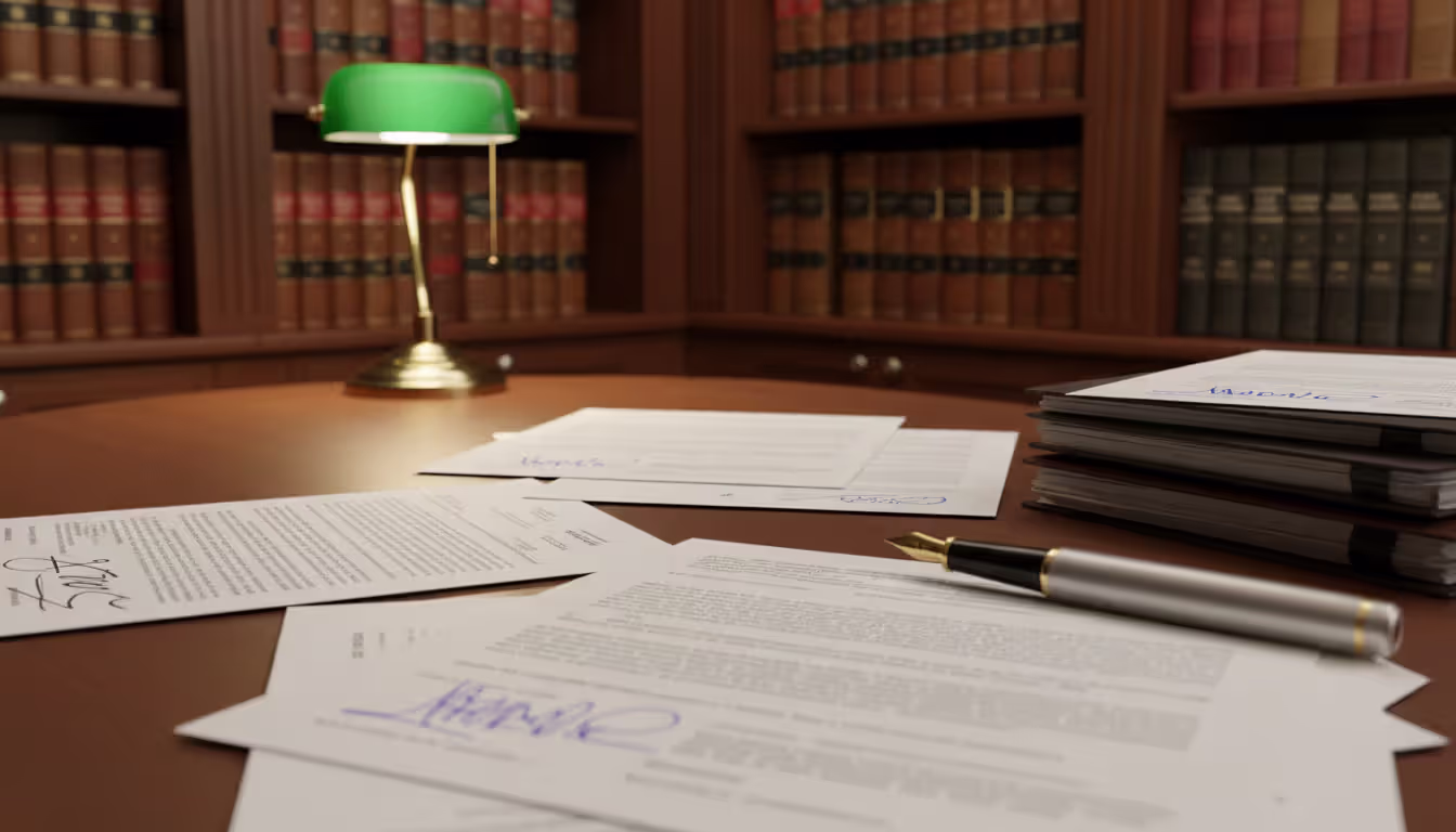 Official legal documents with stamps and signatures spread on a desk with a pen, blurred bookshelves with law books in the background