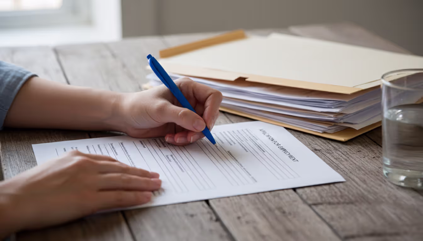Close-up of a woman's hands filling out an official petition form with a pen at a wooden desk, a folder with documents and a glass of water nearby