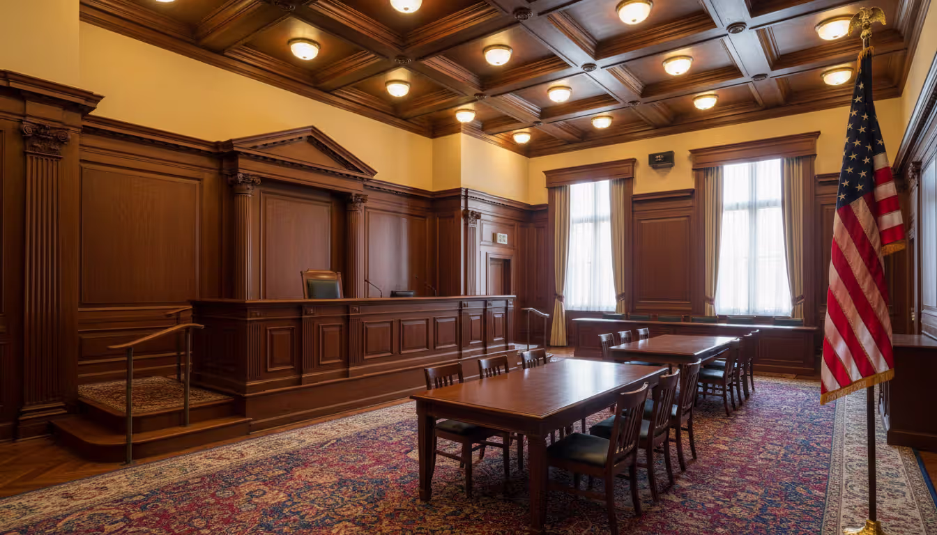 Empty courtroom interior with elevated wooden judge bench, two party tables, American flag, warm lighting and wood-paneled walls