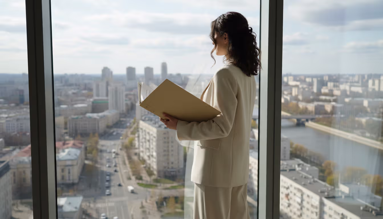 A woman standing by a window overlooking a city, holding a folder with documents, calm and confident posture, soft natural daylight