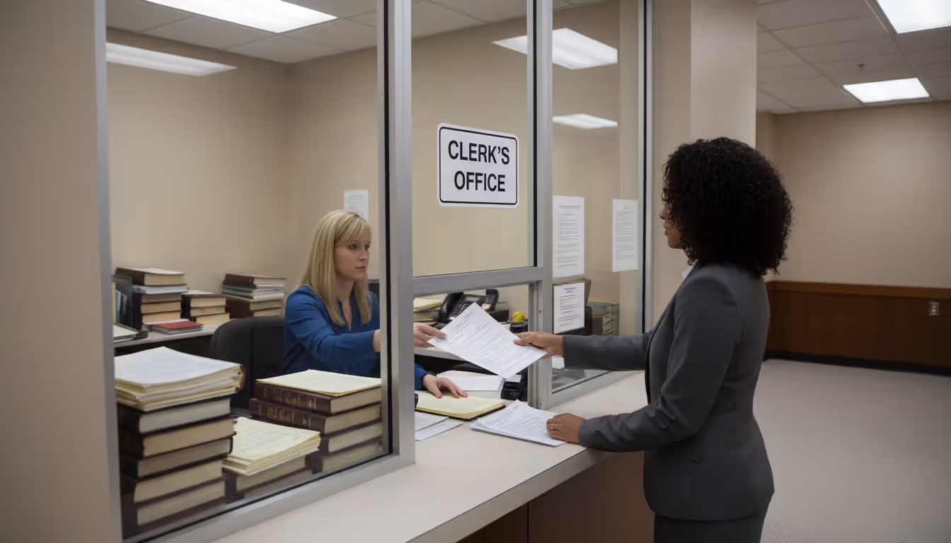 Woman submitting legal paperwork at a courthouse clerk office window with stacks of documents on the counter