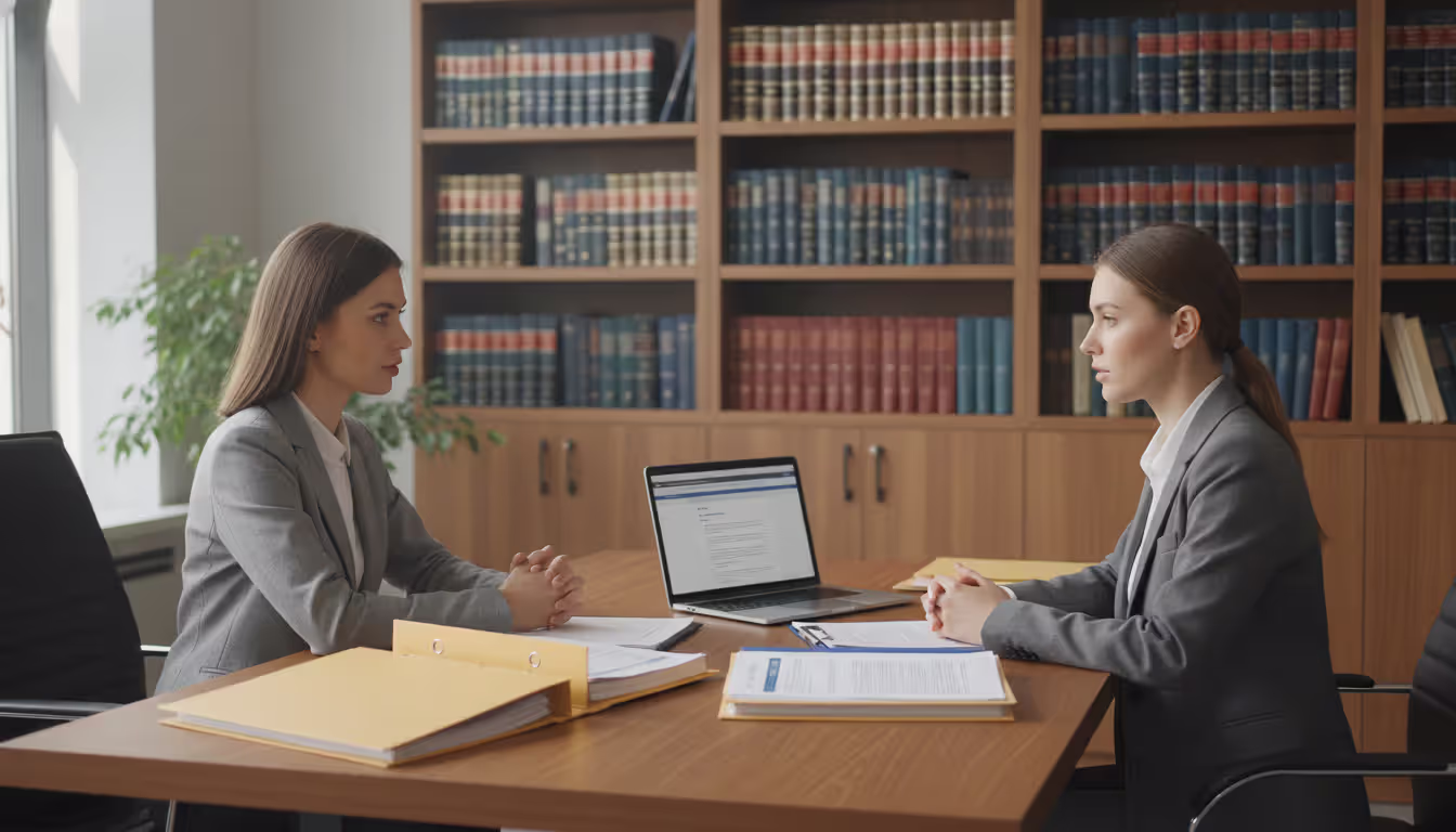 Female attorney consulting with a client at a legal aid office desk with open folders and legal books on shelves