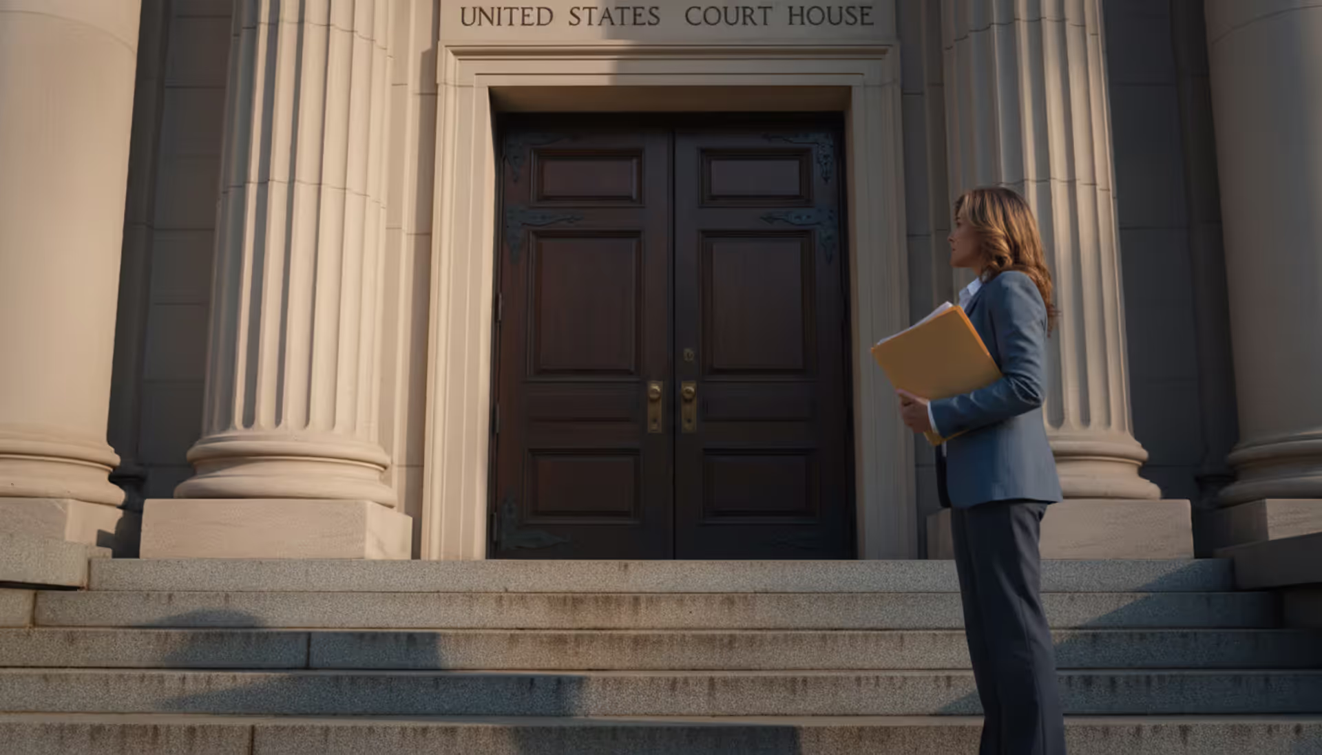 Woman holding documents standing at the entrance of an American courthouse with stone columns and heavy wooden door