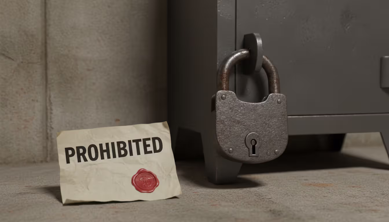 Locked metal gun safe with a padlock and a document stamped PROHIBITED placed next to it against a home wall