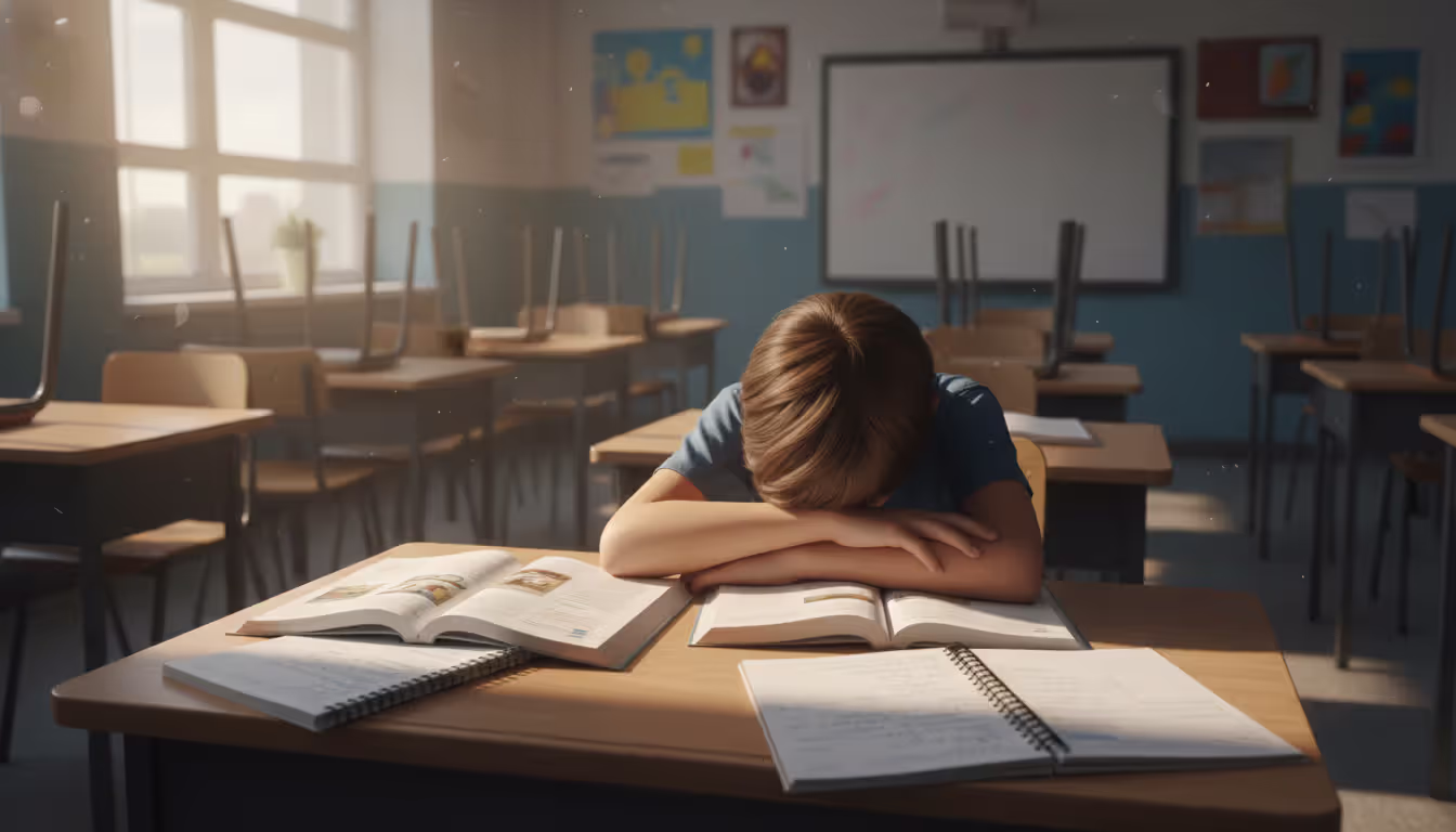 A tired and sad school-age child resting their head on their arms at a desk in an empty classroom with open textbooks nearby