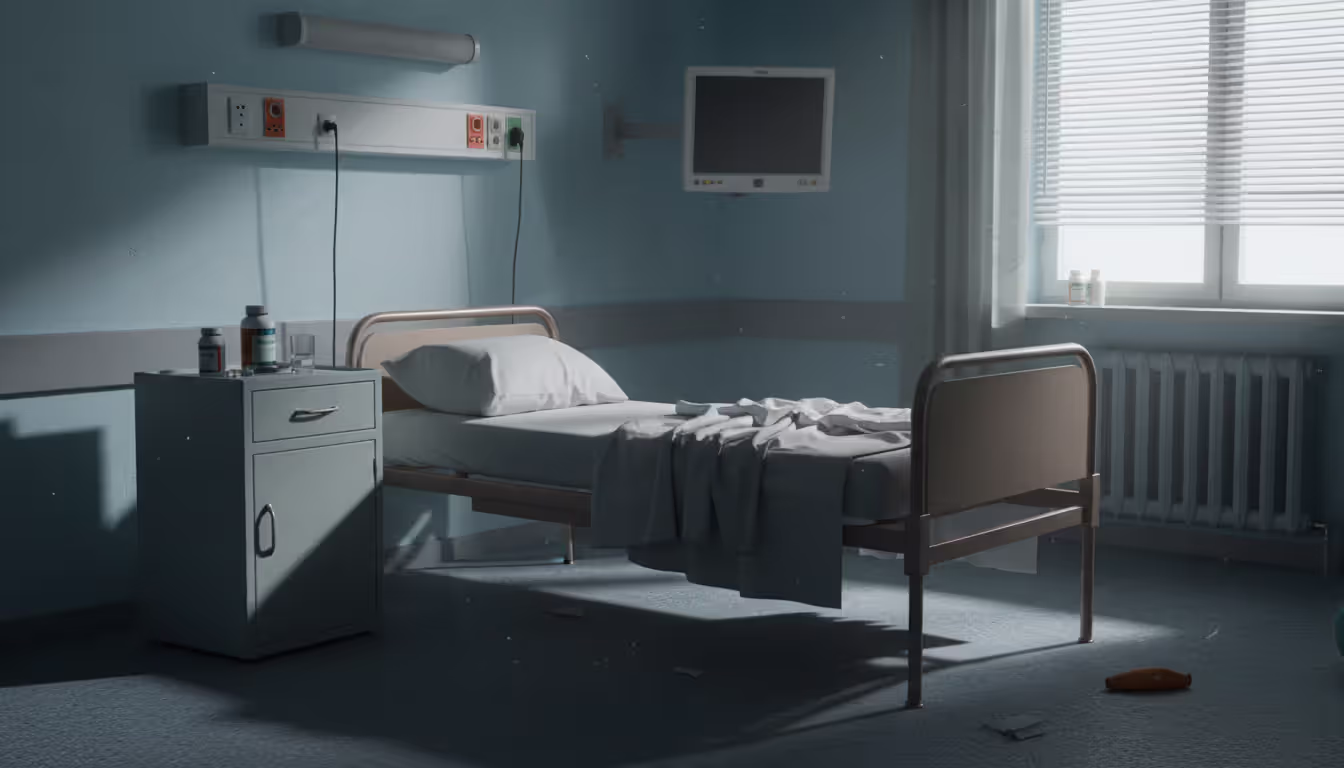 An empty hospital bed in a children's ward with untouched medicine bottles on the bedside table and a medical monitor on the wall