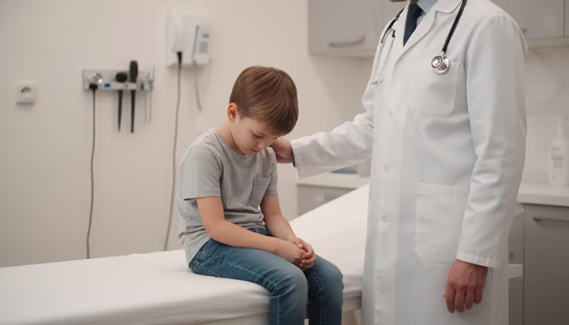 A sad child sitting on an examination table in a doctor's office while a physician gently places a hand on the child's shoulder in a supportive gesture