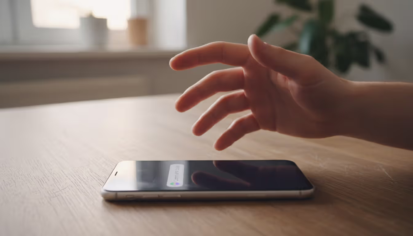 Smartphone on wooden table showing incoming message notification with a hesitant hand hovering above it, shallow depth of field
