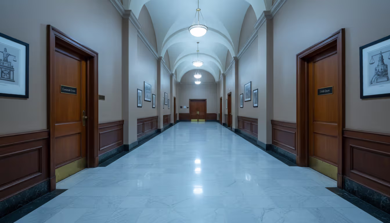 Empty courthouse corridor with two separate doors labeled Criminal Court and Civil Court on opposite sides, marble floor, formal lighting